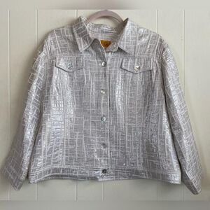 Ruby Rd Jacket Womens 16 Silver Metallic Geometric Button Front Pockets Shimmer